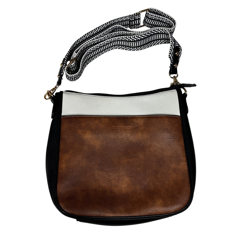 Bostanten Crossbody Bag Color Block Guitar Strap Brown White Black Vegan Leather